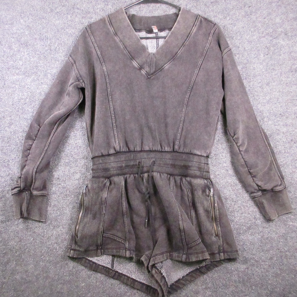FP Movement Romper Womens XS Gray Long Sleeve V Neck Zip Pockets French Terry